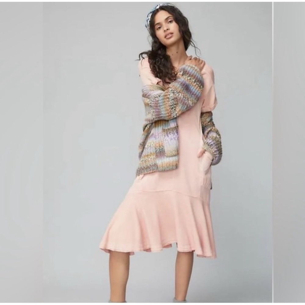 Saturday Sunday Anthropologie‎ Pink Cotton Dropped Waist Ruffle T-Shirt Dress M